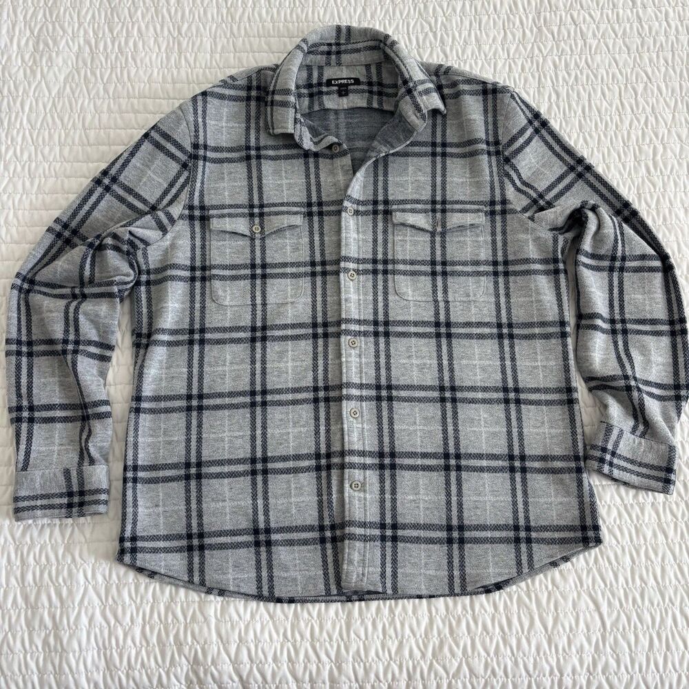 MEN'S EXPRESS SHIRT FLANNEL LONG SLEEVE SIZE L Large GRAY / BLUE PLAID
